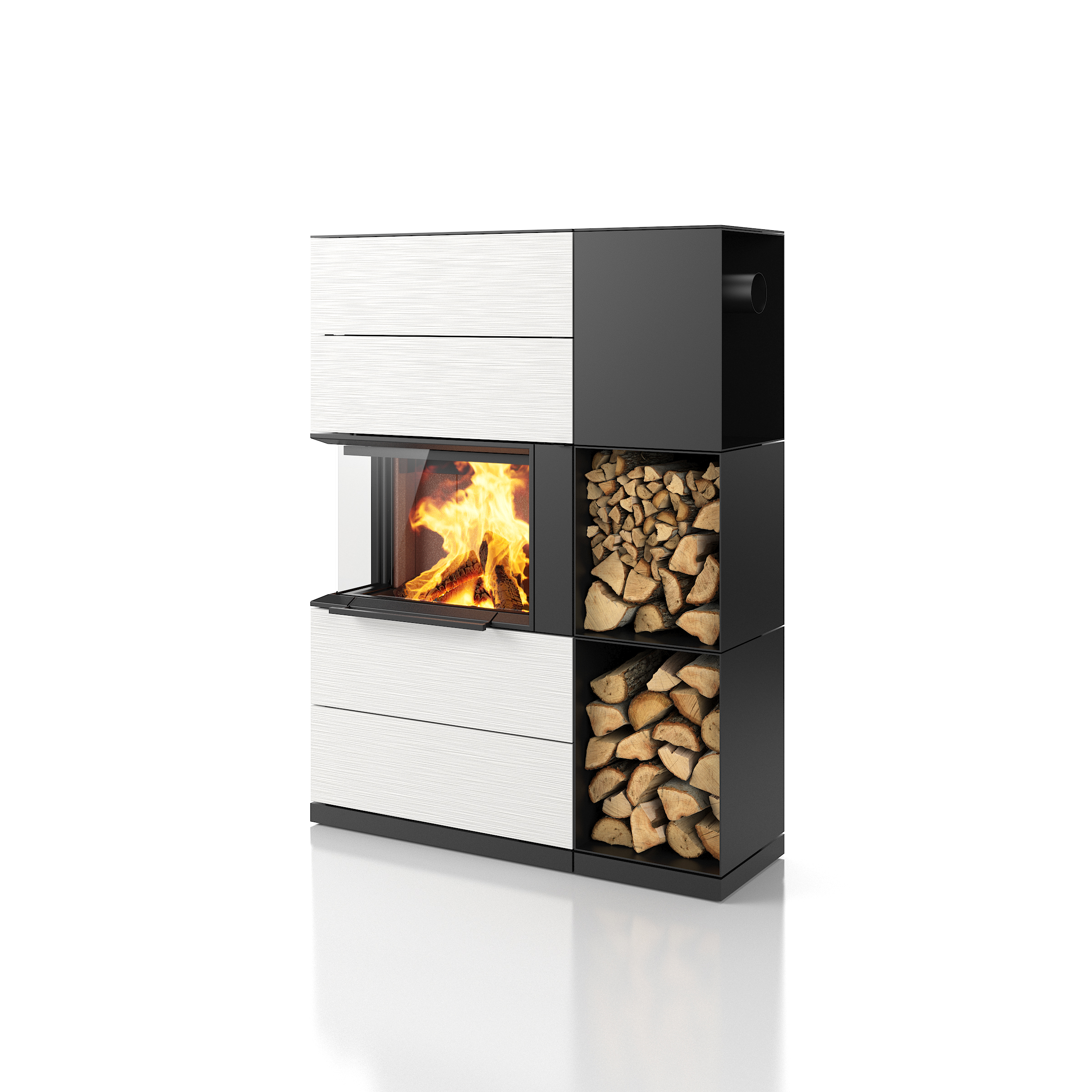 PADUA 160, Woodbox Pro à droite, raccordement latéral au conduit de fumée