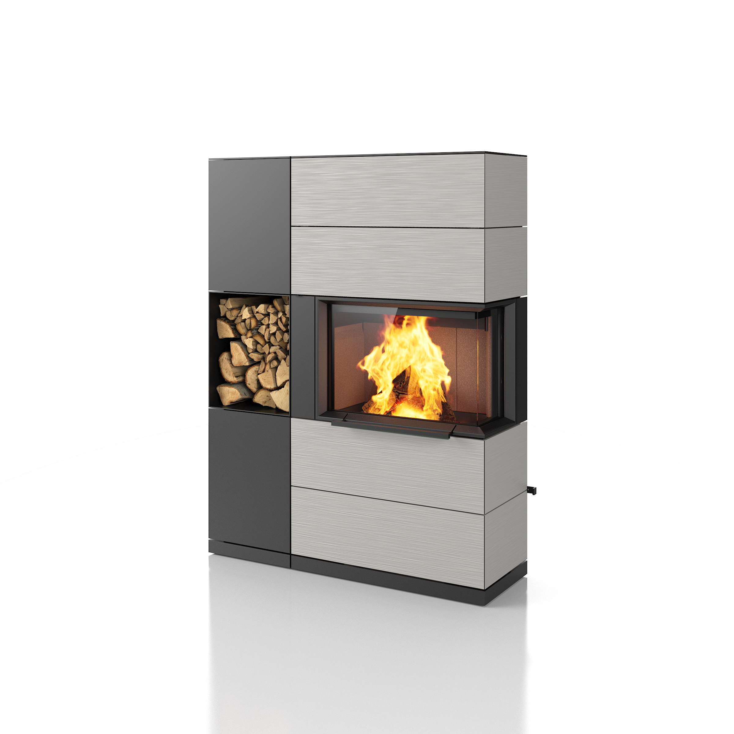 PADUA 160, Woodbox Pro à gauche, Raccordement latéral au conduit de cheminée et raccordement à l'arrivée d'air