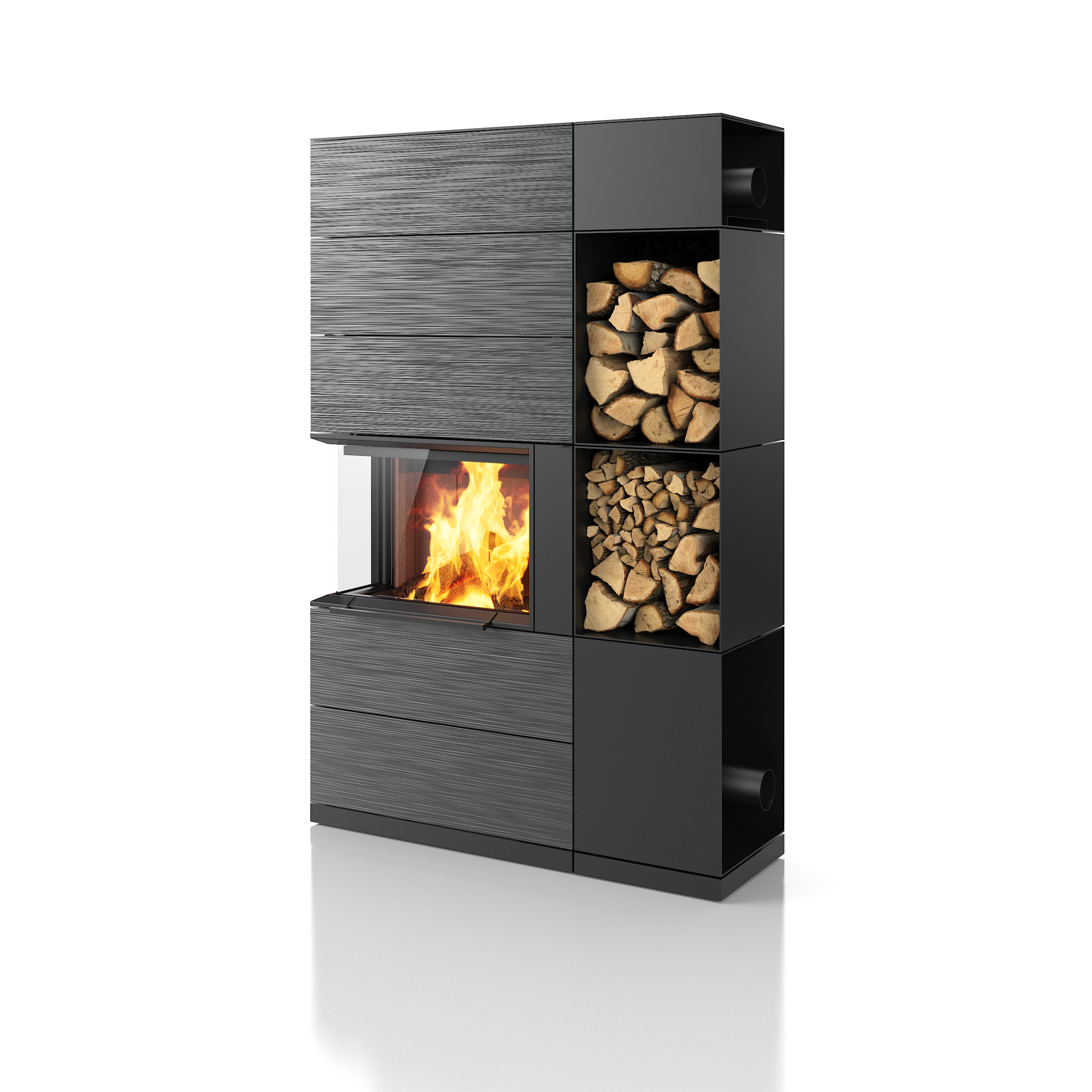 PADUA 185, Woodbox Pro à droite, raccordement latéral au conduit de fumée et à l'arrivée d'air